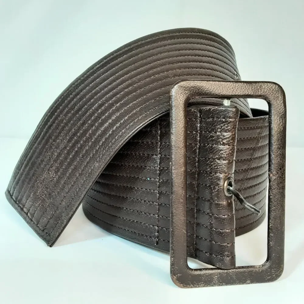 💎Armani Exchange Womens Dark Brown Wide Ribbed Leather Belt Size XS Soft
